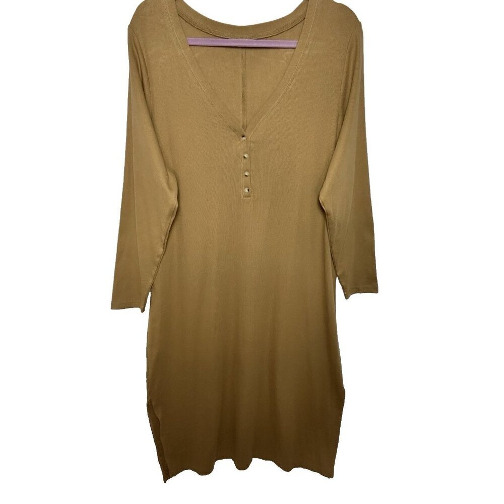 Old Navy Ribbed Knit Midi 3X Dress V Neck Long Sleeve Front Button w/Side Slits